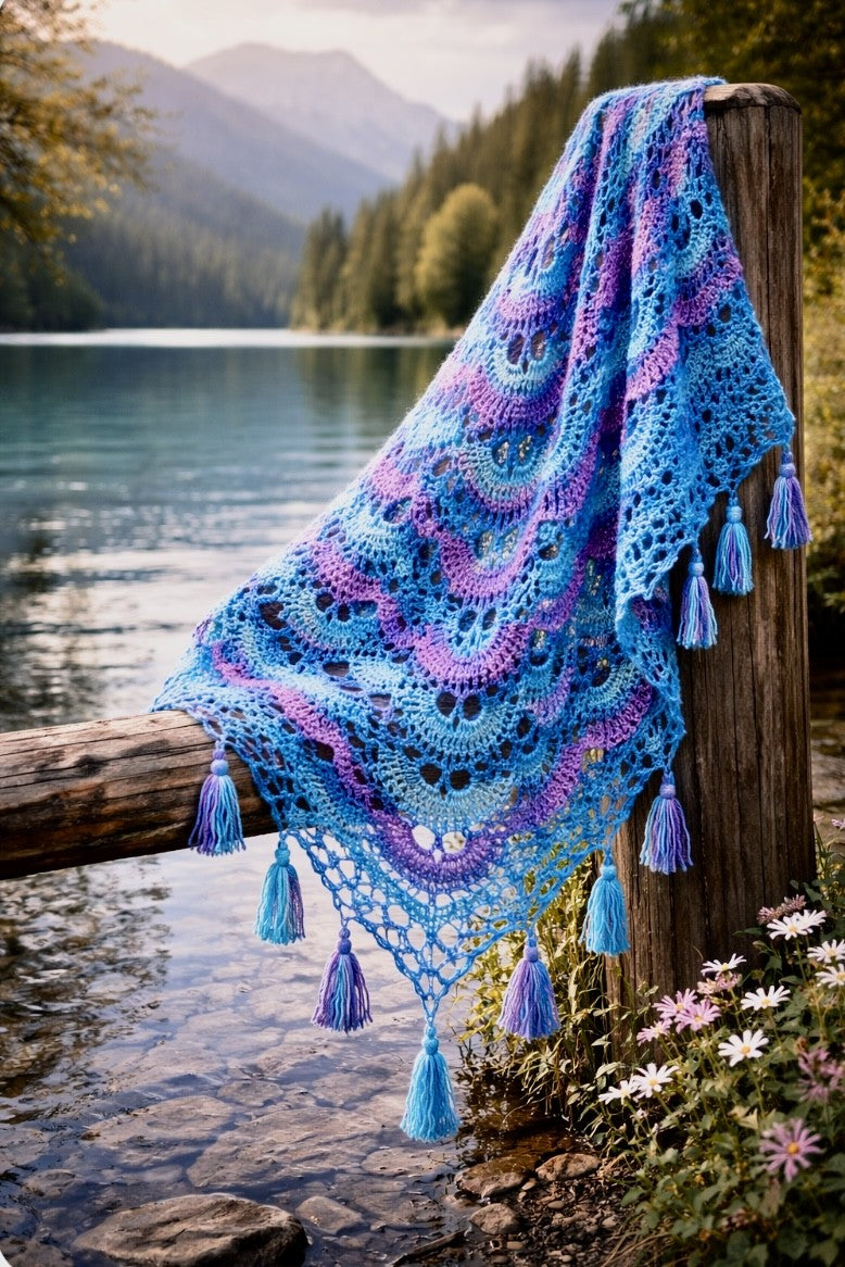 Beautiful cascading handmade crochet shawl photographed on the water