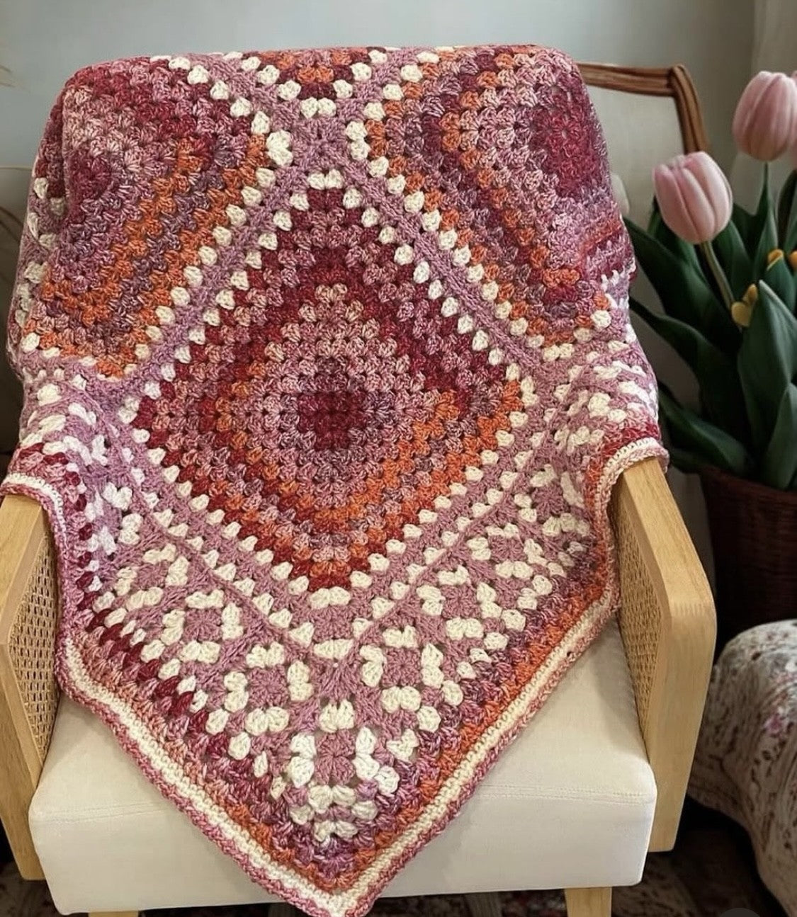 Winter Berry Blanket - Berry, Cream & Rose Crochet Throw 55" x 55"
