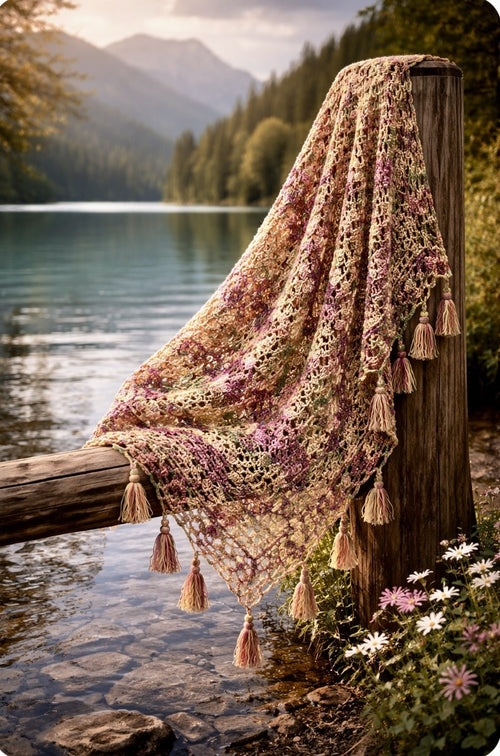 Handmade custom crochet shawl worn overlooking a lake